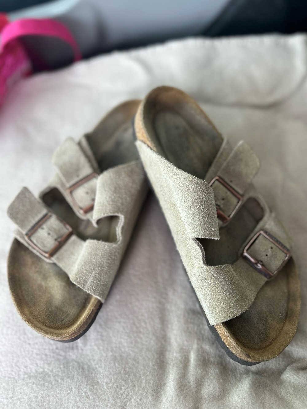 Birkenstock Arizona Suede Double-Buckle Slide Sandals in Beige womens size 7(38)